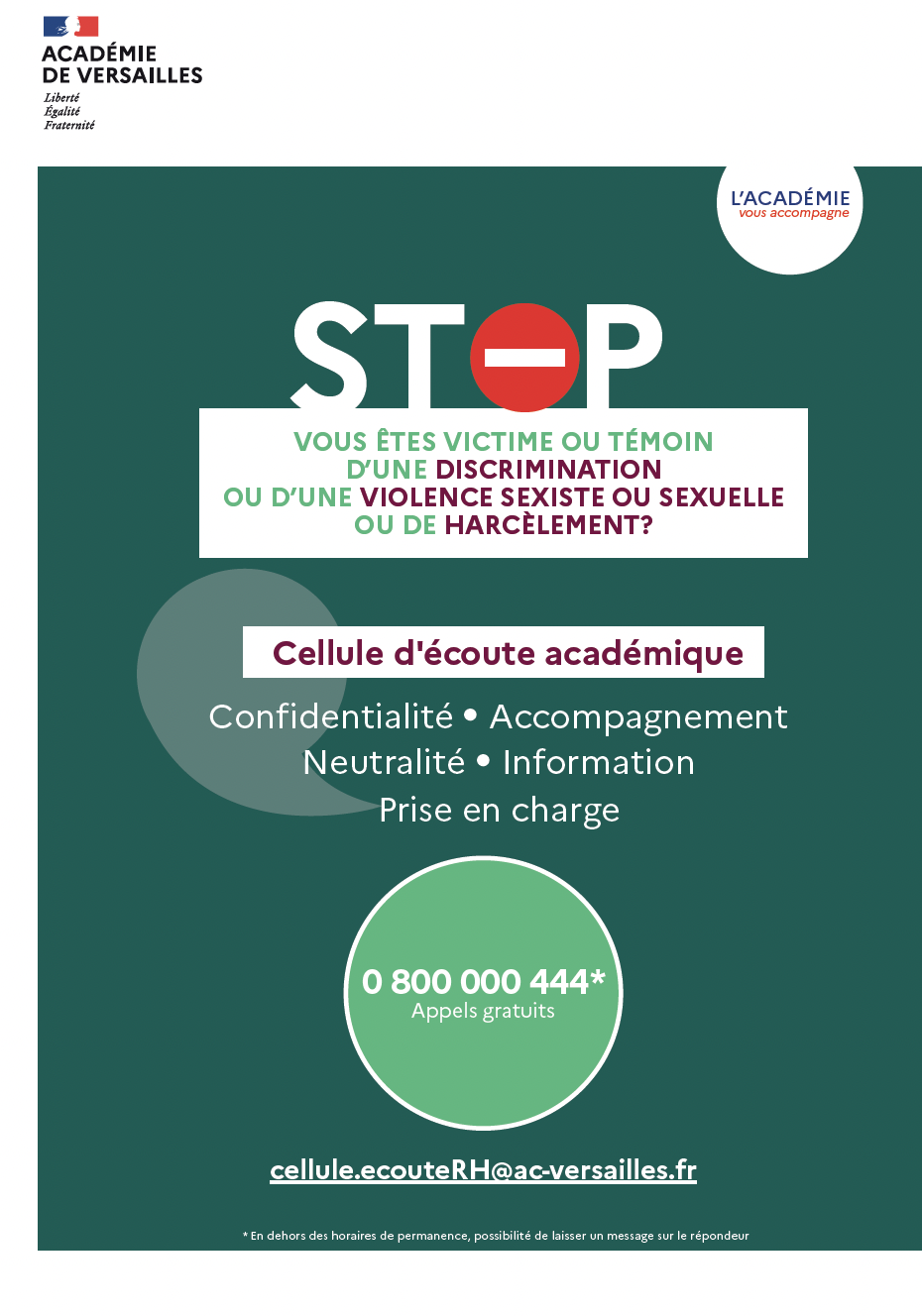 Affiche Stop discrimination Cellule d'écoute académique