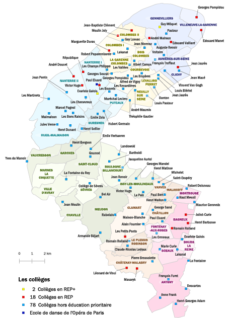 Carte des collèges publics et SEGPA dans les Hauts-de-Seine - 2024
