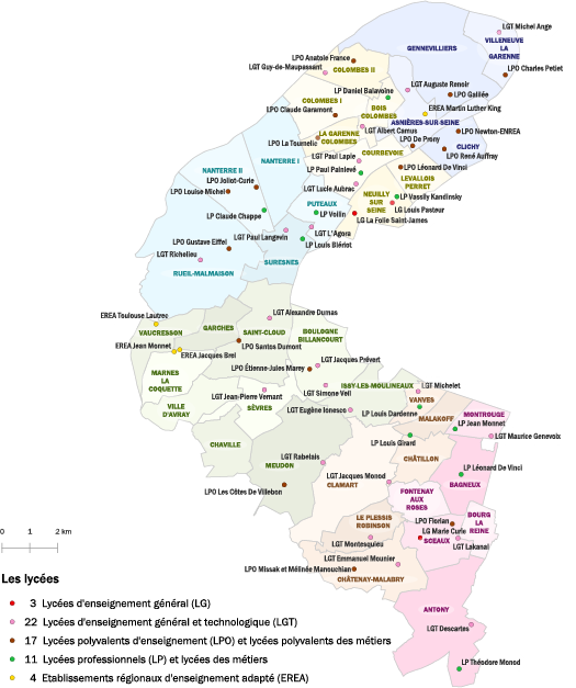 carte des lycées publics dans les Hauts-de-Seine en 2024