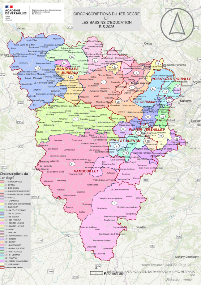 Carte des Circonscriptions du 1er degré et les bassins d'éducation des Yvelines