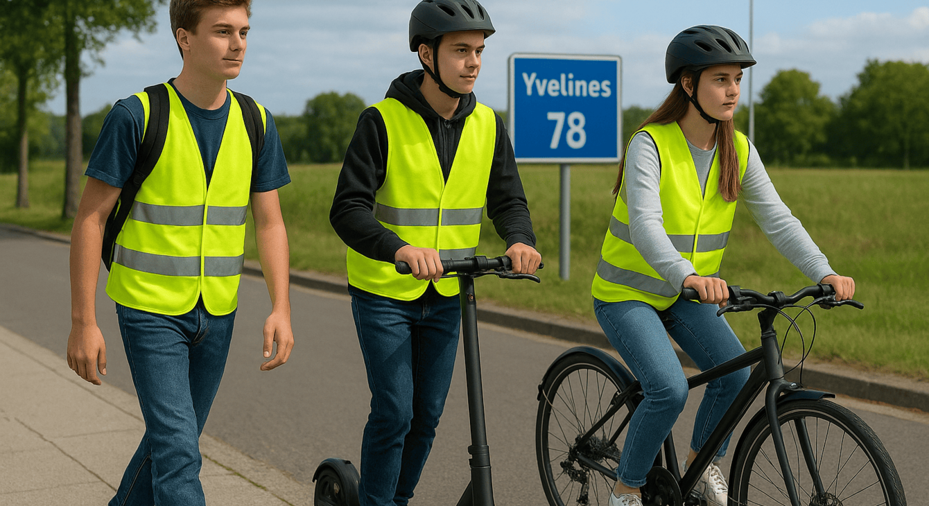 élèves vétus de gilets haute visibilité sur une trotinette et un vélo