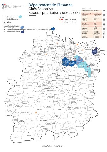 Carte des cités éducatives et des réseaux prioritaires de l'Essonne