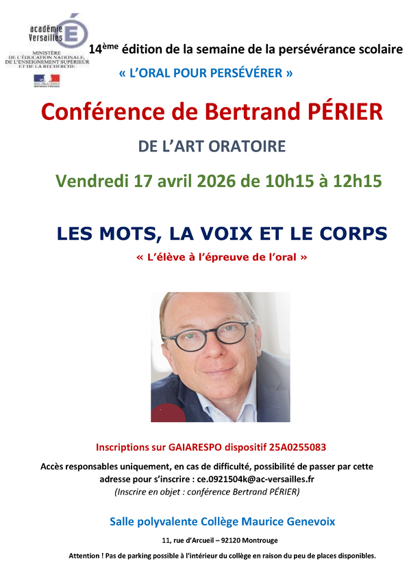 Affiche de la conférence le 17 avril de 10h15 à 12h15 Collège Maurice Genevoix – Montrouge