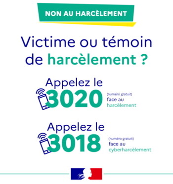 Numéros d'appel gratuits : 3020 en cas de harcèlement, 3018 en cas de cyberharcèlement