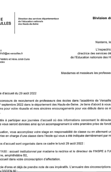 Note « Journée d’accueil des professeurs des écoles stagiaires lundi 29 août 2022 »