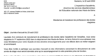 Note « Journée d’accueil des professeurs des écoles stagiaires lundi 29 août 2022 »