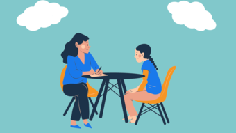 illustration d'une femme et d'une jeune qui discute autour d'une table sur un fond bleu