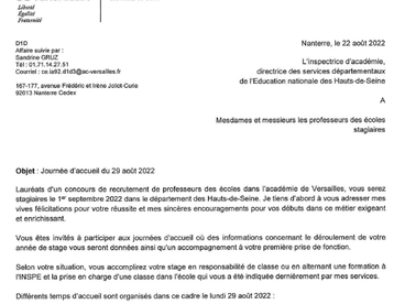 Note « Journée d’accueil des professeurs des écoles stagiaires lundi 29 août 2022 »