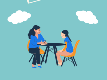 illustration d'une femme et d'une jeune qui discute autour d'une table sur un fond bleu